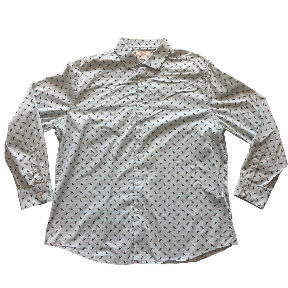 Original Penguin Mens Toucan Print Button Down Shirt Blue Heritage Slim Fit 17.5